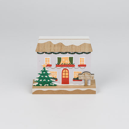 Wooden Christmas House Tabletop Decor With Xmas Tree