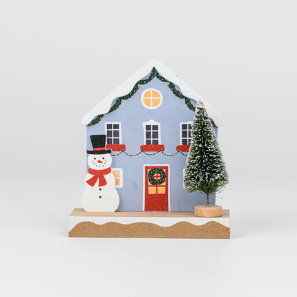 Wooden Christmas House Tabletop Decor With Snowman & Pine