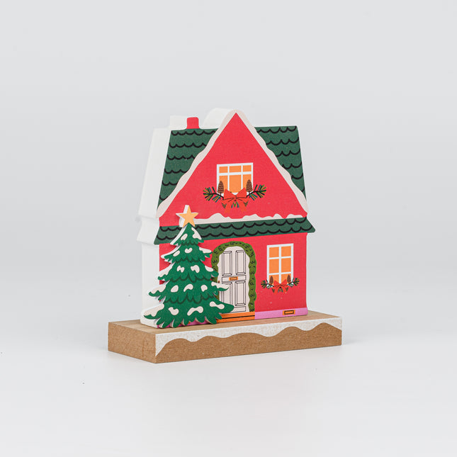 Wooden Christmas House Tabletop Decor With Layered Xmas Tree
