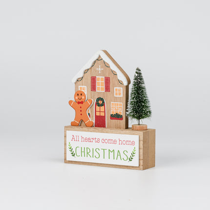 Wooden Christmas House Tabletop Decor With Gingerbread Man & Xmas