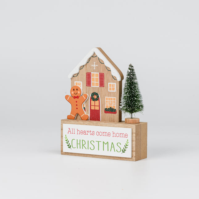 Wooden Christmas House Tabletop Decor With Gingerbread Man & Xmas