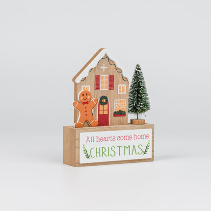 Wooden Christmas House Tabletop Decor With Gingerbread Man & Xmas