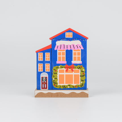 Wooden Christmas House Tabletop Decor With Green Garland