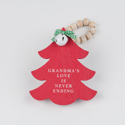 Red Wooden Christmas Tree Hanging Decor With Wood Beads & Bell - Grandma's love