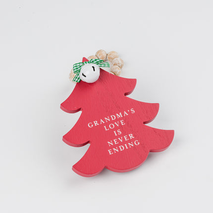 Red Wooden Christmas Tree Hanging Decor With Wood Beads & Bell - Grandma's love