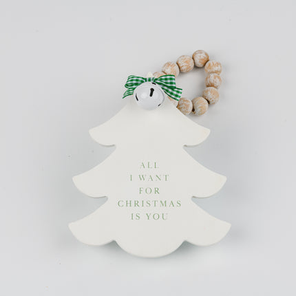 White Wooden Christmas Tree Hanging Decor With Wood Beads & Bell - For you