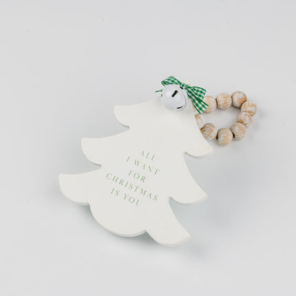 White Wooden Christmas Tree Hanging Decor With Wood Beads & Bell - For you
