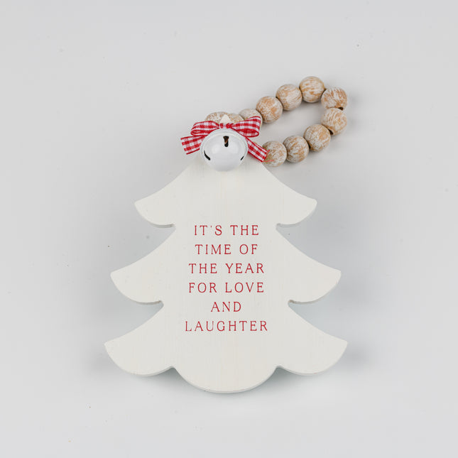 White Wooden Christmas Tree Hanging Decor With Wood Beads & Bell - Love