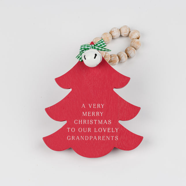 Red Wooden Christmas Tree Hanging Decor With Wood Beads & Bell - For grandparents