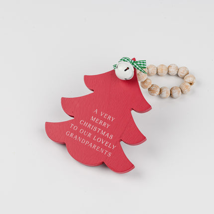 Red Wooden Christmas Tree Hanging Decor With Wood Beads & Bell - For grandparents