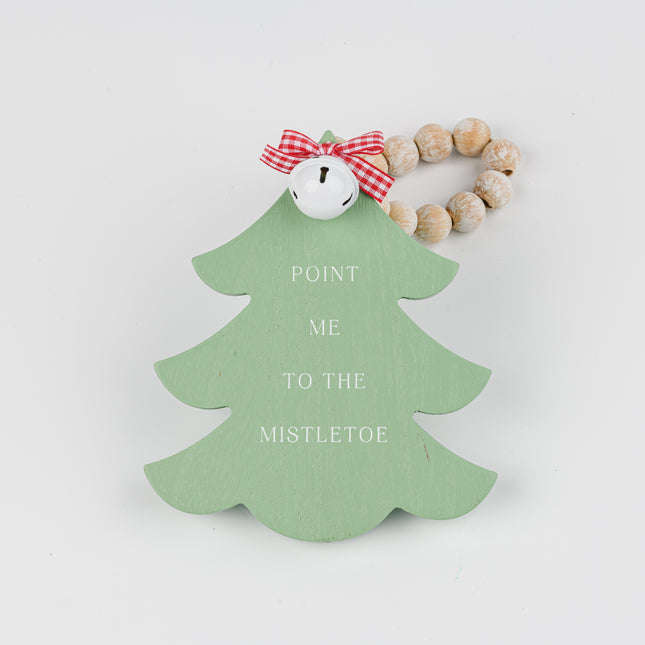 Green Wooden Christmas Tree Hanging Decor With Wood Beads & Bell - Point me to the milestone