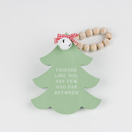 Green Wooden Christmas Tree Hanging Decor With Wood Beads & Bell - For friends