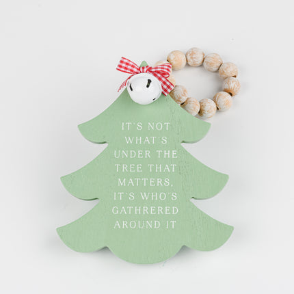 Green Wooden Christmas Tree Hanging Decor With Wood Beads & Bell - For family