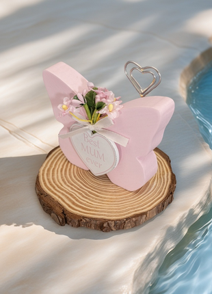 Room Decor Mum with Photo Clip - Mother's Day & Birthday Gift, Butterfly Home Decor with Picture Holder Aesthetic Desk Decor Elegant Wooden Table Ornament