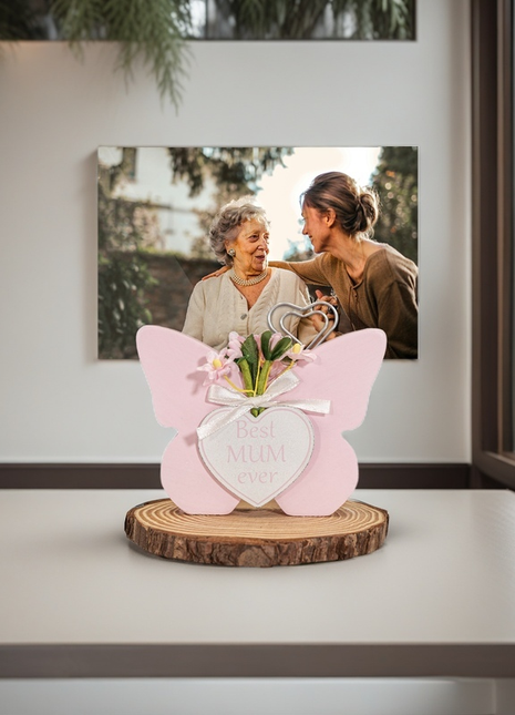 Room Decor Mum with Photo Clip - Mother's Day & Birthday Gift, Butterfly Home Decor with Picture Holder Aesthetic Desk Decor Elegant Wooden Table Ornament