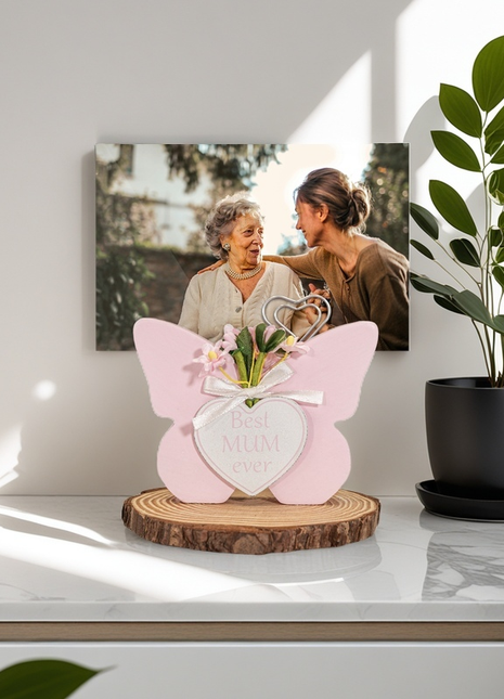 Room Decor Mum with Photo Clip - Mother's Day & Birthday Gift, Butterfly Home Decor with Picture Holder Aesthetic Desk Decor Elegant Wooden Table Ornament