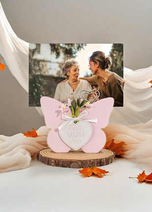 Room Decor Mum with Photo Clip - Mother's Day & Birthday Gift, Butterfly Home Decor with Picture Holder Aesthetic Desk Decor Elegant Wooden Table Ornament