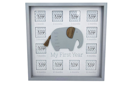 Baby first-year photo frame featuring a cute elephant design, crafted from durable wood with 12 monthly photo slots, perfect for commemorating newborn milestones memories.