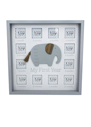 Baby first-year photo frame featuring a cute elephant design, crafted from durable wood with 12 monthly photo slots, perfect for commemorating newborn milestones memories.