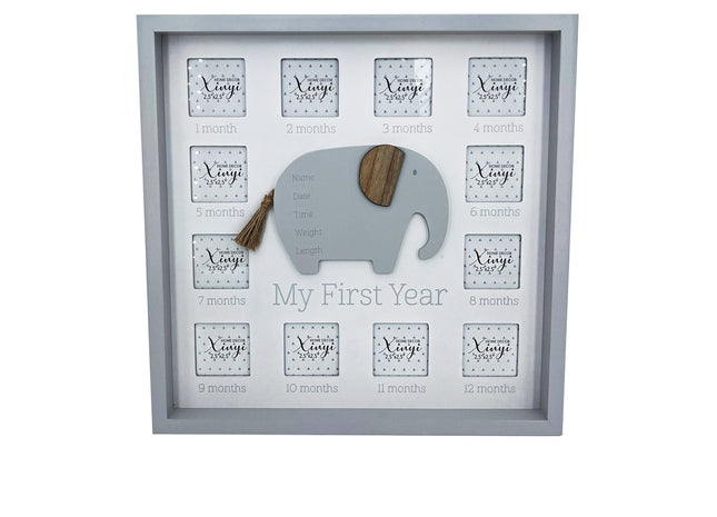 Baby first-year photo frame featuring a cute elephant design, crafted from durable wood with 12 monthly photo slots, perfect for commemorating newborn milestones memories.