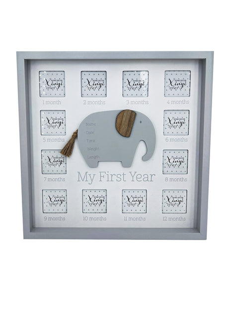 Baby first-year photo frame featuring a cute elephant design, crafted from durable wood with 12 monthly photo slots, perfect for commemorating newborn milestones memories.