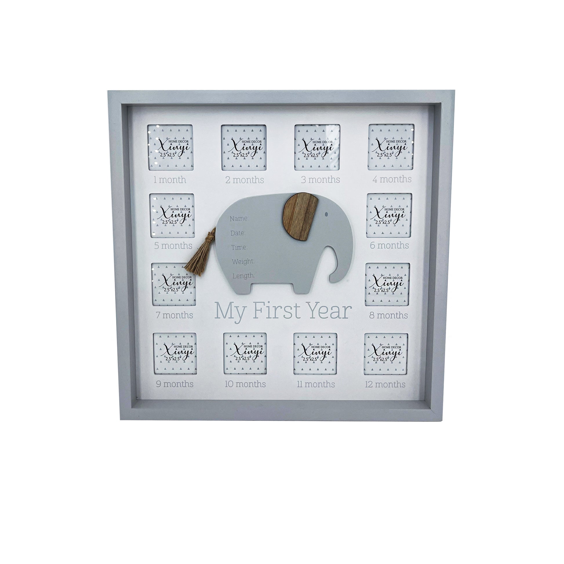 Baby first-year photo frame featuring a cute elephant design, crafted from durable wood with 12 monthly photo slots, perfect for commemorating newborn milestones memories.