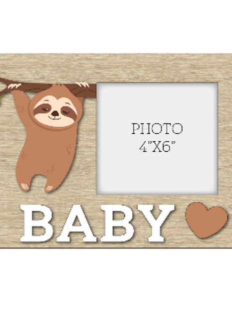 A charming wooden baby photo frame featuring an adorable sloth design, perfect for displaying cherished baby photos. This whimsical frame is an ideal home decor piece for any nursery or living room, making it a thoughtful gift for new parents or families with babies. With its cute sloth illustration and durable wooden construction, it adds a playful touch to any room while preserving precious memories. This baby photo frame makes a wonderful gift for baby showers or any special occasion, combining functiona