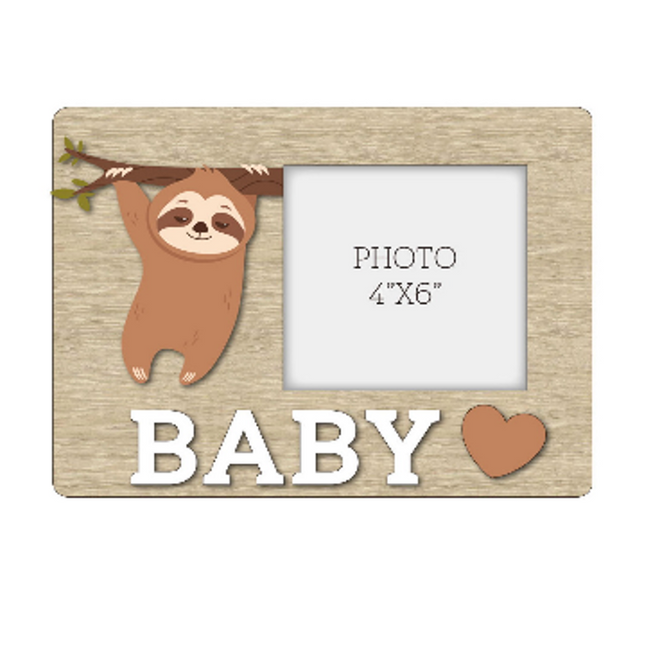 A charming wooden baby photo frame featuring an adorable sloth design, perfect for displaying cherished baby photos. This whimsical frame is an ideal home decor piece for any nursery or living room, making it a thoughtful gift for new parents or families with babies. With its cute sloth illustration and durable wooden construction, it adds a playful touch to any room while preserving precious memories. This baby photo frame makes a wonderful gift for baby showers or any special occasion, combining functiona