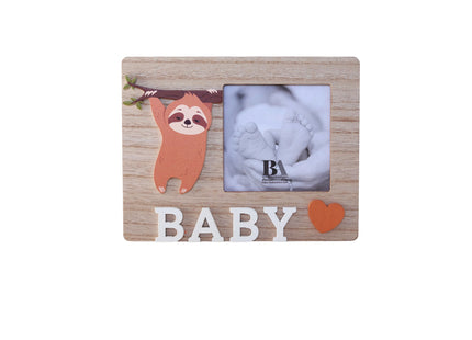 A charming wooden baby photo frame featuring an adorable sloth design, perfect for displaying cherished baby photos. This whimsical frame is an ideal home decor piece for any nursery or living room, making it a thoughtful gift for new parents or families with babies. With its cute sloth illustration and durable wooden construction, it adds a playful touch to any room while preserving precious memories. This baby photo frame makes a wonderful gift for baby showers or any special occasion, combining functiona