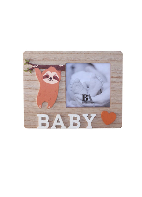 A charming wooden baby photo frame featuring an adorable sloth design, perfect for displaying cherished baby photos. This whimsical frame is an ideal home decor piece for any nursery or living room, making it a thoughtful gift for new parents or families with babies. With its cute sloth illustration and durable wooden construction, it adds a playful touch to any room while preserving precious memories. This baby photo frame makes a wonderful gift for baby showers or any special occasion, combining functiona