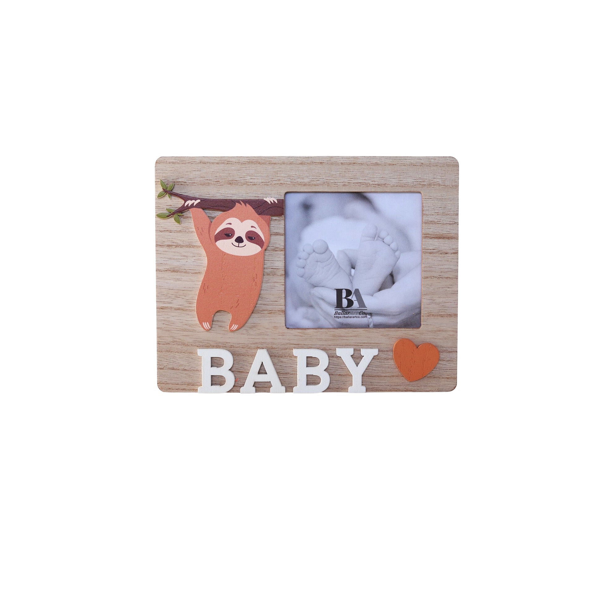 A charming wooden baby photo frame featuring an adorable sloth design, perfect for displaying cherished baby photos. This whimsical frame is an ideal home decor piece for any nursery or living room, making it a thoughtful gift for new parents or families with babies. With its cute sloth illustration and durable wooden construction, it adds a playful touch to any room while preserving precious memories. This baby photo frame makes a wonderful gift for baby showers or any special occasion, combining functiona