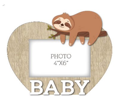 A charming wooden baby photo frame featuring an adorable sloth design, perfect for displaying cherished baby photos. This whimsical frame is an ideal home decor piece for any nursery or living room, making it a thoughtful gift for new parents or families with babies. With its cute sloth illustration and durable wooden construction, it adds a playful touch to any room while preserving precious memories. This baby photo frame makes a wonderful gift for baby showers or any special occasion, combining functiona