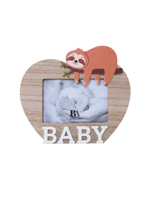A charming wooden baby photo frame featuring an adorable sloth design, perfect for displaying cherished baby photos. This whimsical frame is an ideal home decor piece for any nursery or living room, making it a thoughtful gift for new parents or families with babies. With its cute sloth illustration and durable wooden construction, it adds a playful touch to any room while preserving precious memories. This baby photo frame makes a wonderful gift for baby showers or any special occasion, combining functiona