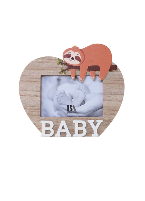 A charming wooden baby photo frame featuring an adorable sloth design, perfect for displaying cherished baby photos. This whimsical frame is an ideal home decor piece for any nursery or living room, making it a thoughtful gift for new parents or families with babies. With its cute sloth illustration and durable wooden construction, it adds a playful touch to any room while preserving precious memories. This baby photo frame makes a wonderful gift for baby showers or any special occasion, combining functiona