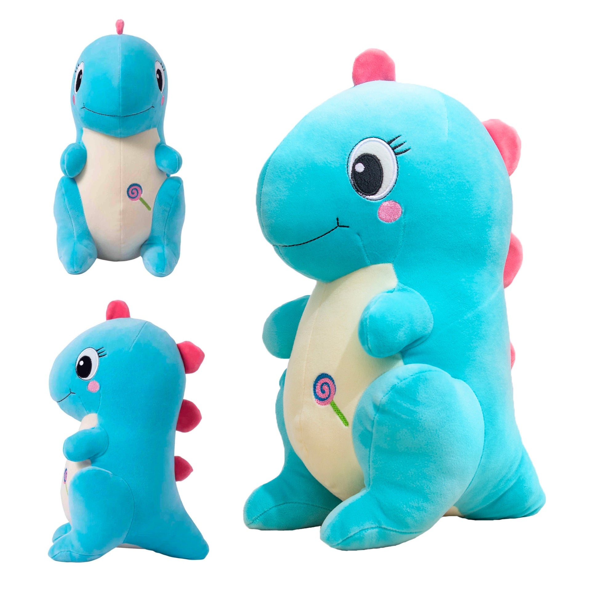 Adorable blue dinosaur plush toy, soft and squishy, perfect for cuddling. This cute dinosaur stuffed animal doubles as a pillow for kids, making it an ideal plushie for playtime or bedtime. A must-have for dinosaur lovers and fans of squishmallow-style toys. 1
