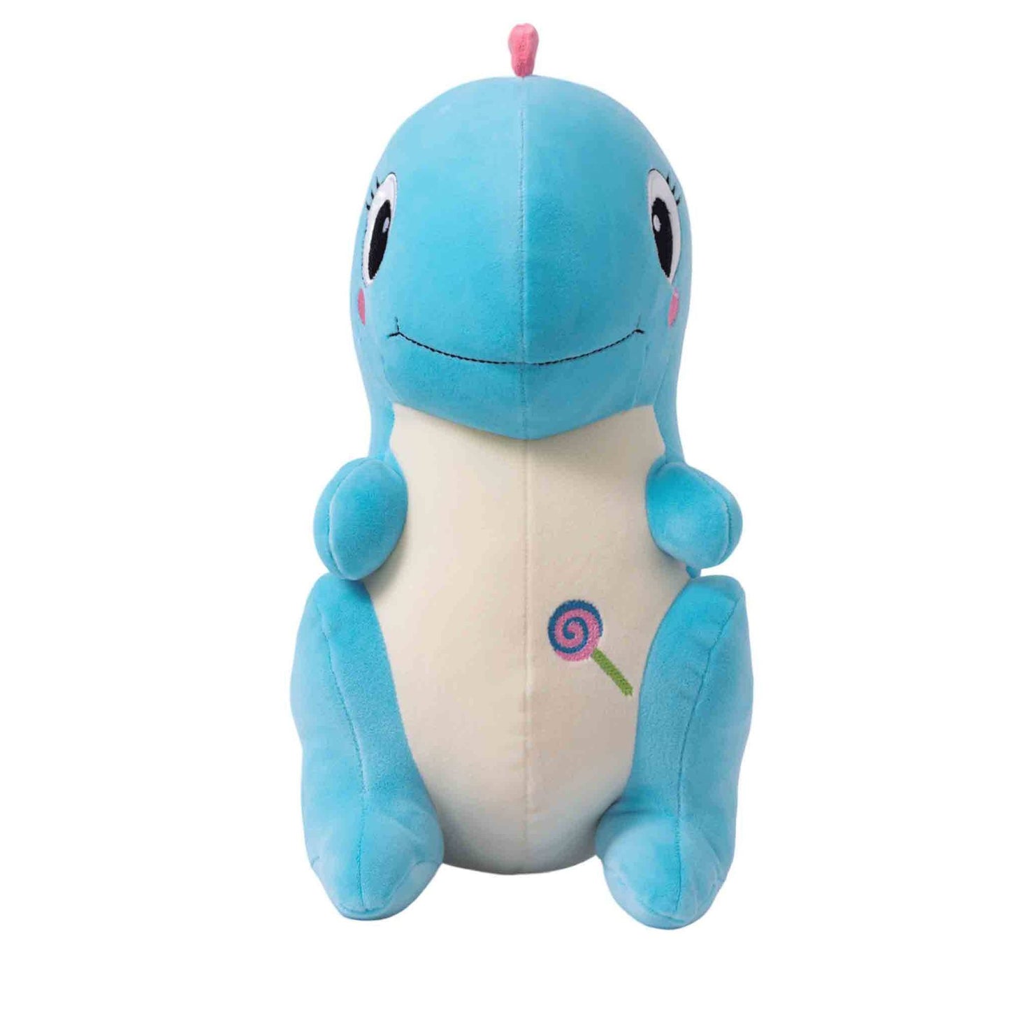 Adorable blue dinosaur plush toy, soft and squishy, perfect for cuddling. This cute dinosaur stuffed animal doubles as a pillow for kids, making it an ideal plushie for playtime or bedtime. A must-have for dinosaur lovers and fans of squishmallow-style toys. 3
