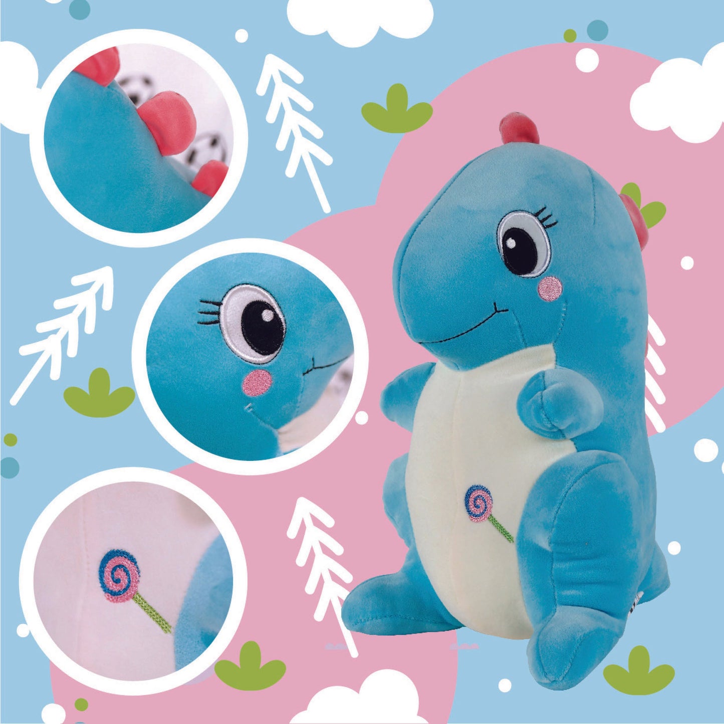 Adorable blue dinosaur plush toy, soft and squishy, perfect for cuddling. This cute dinosaur stuffed animal doubles as a pillow for kids, making it an ideal plushie for playtime or bedtime. A must-have for dinosaur lovers and fans of squishmallow-style toys. 4
