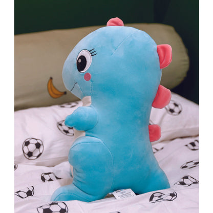 Adorable blue dinosaur plush toy, soft and squishy, perfect for cuddling. This cute dinosaur stuffed animal doubles as a pillow for kids, making it an ideal plushie for playtime or bedtime. A must-have for dinosaur lovers and fans of squishmallow-style toys. 6
