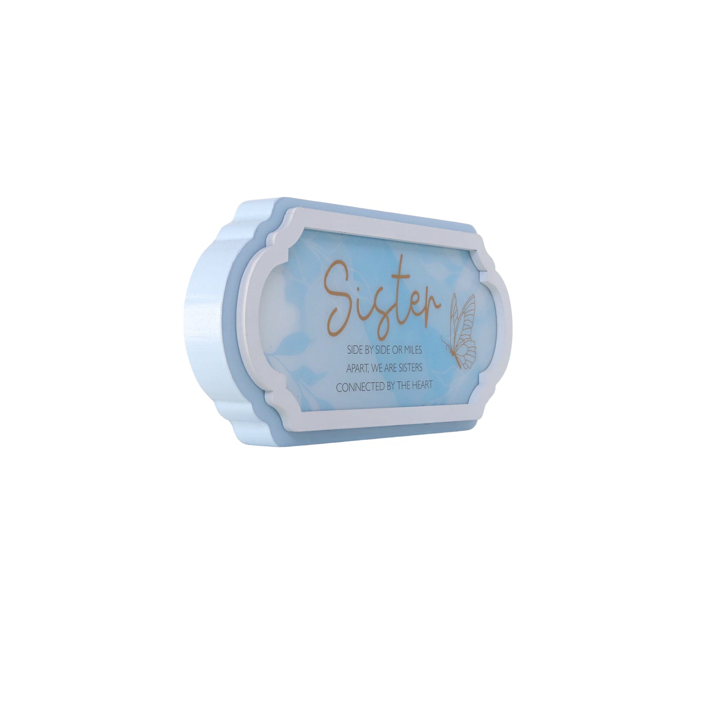 A beautifully designed blue decorative ornament, perfect for gifting to a sister. This home decor piece features a thoughtful design that symbolizes love and connection, making it an ideal gift for birthdays, holidays, or any special occasion. The elegant blue color and charming details make it a meaningful addition to any room, showcasing your affection and appreciation for your sister. This ornament serves as a heartfelt reminder of the bond shared with your sibling, bringing a touch of warmth and beauty 