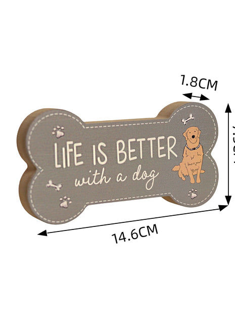Charming brown wooden bone-shaped decor featuring adorable dog illustrations and heartwarming quotes, designed as a thoughtful and compact gift for dog lovers. This small wooden ornament is perfect for shelves, tables, or any cozy space in a pet-friendly home. 2
