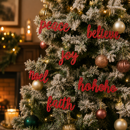 Red script Christmas ornaments spelling out 'peace, believe, joy, Noel, hohoho, faith' hanging on a flocked Christmas tree with gold and bronze ornaments in a cozy indoor setting.