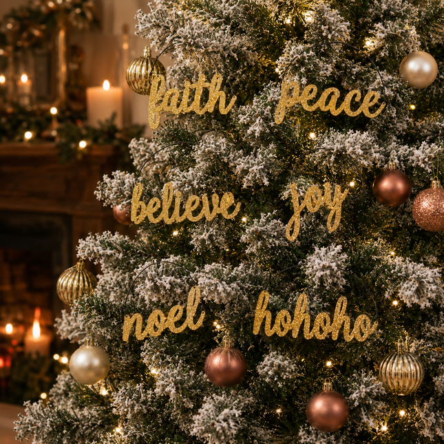 Gold script Christmas tree ornaments spelling out 'faith peace believe joy Noel hohoho' hanging on a flocked green Christmas tree with warm white lights and metallic ornaments.