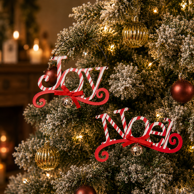 Red and white striped wooden Christmas ornaments spelling 'Joy' and 'Noel' with red ribbons, hanging on a flocked Christmas tree with warm lights and gold ornaments.