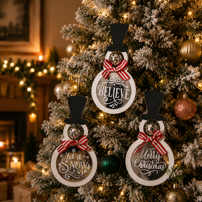 Three snowman-shaped Christmas ornaments hang on a flocked Christmas tree with warm string lights. The ornaments have black top hats, red-and-white striped bows, and white circular bodies with holiday phrases: 'BELIEVE,' 'let it SNOW,' and 'Merry Christmas.