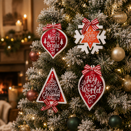Four red and white Christmas tree ornaments with white borders are displayed on a flocked Christmas tree with warm lights. The ornaments feature festive designs including a heart, snowflake, triangle, and teardrop shape with red and white bows.