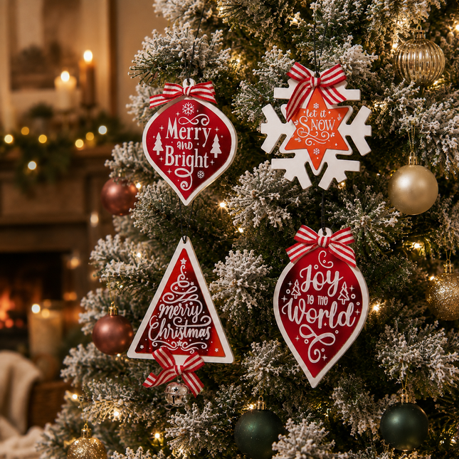 Four red and white Christmas tree ornaments with white borders are displayed on a flocked Christmas tree with warm lights. The ornaments feature festive designs including a heart, snowflake, triangle, and teardrop shape with red and white bows.