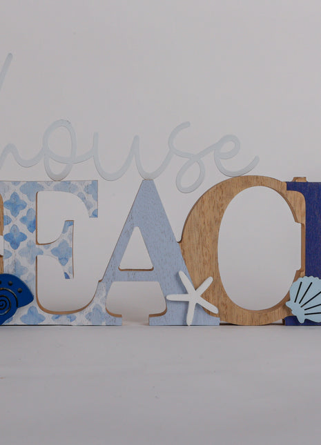 Charming coastal Beach letters shaped house decor with starfish and seashell in a beautiful seaside style, featuring a blue color scheme and intricate wooden design. This elegant home ornament adds a coastal vibe to any space, perfect for living rooms, offices, or as a gift for beach lovers. 1
