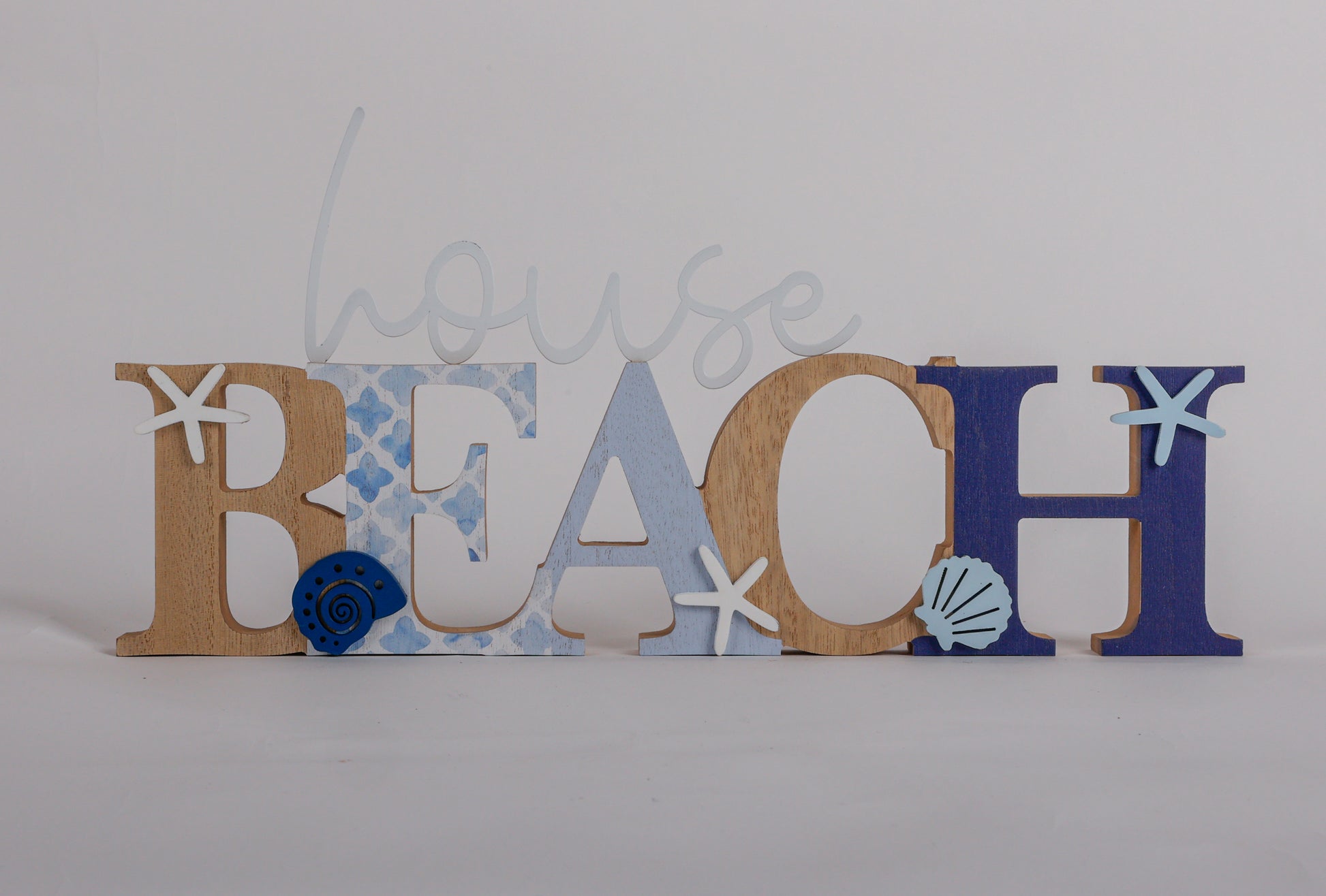 Charming coastal Beach letters shaped house decor with starfish and seashell in a beautiful seaside style, featuring a blue color scheme and intricate wooden design. This elegant home ornament adds a coastal vibe to any space, perfect for living rooms, offices, or as a gift for beach lovers. 1
