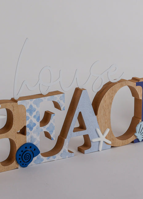 Charming coastal Beach letters shaped house decor with starfish and seashell in a beautiful seaside style, featuring a blue color scheme and intricate wooden design. This elegant home ornament adds a coastal vibe to any space, perfect for living rooms, offices, or as a gift for beach lovers. 2
