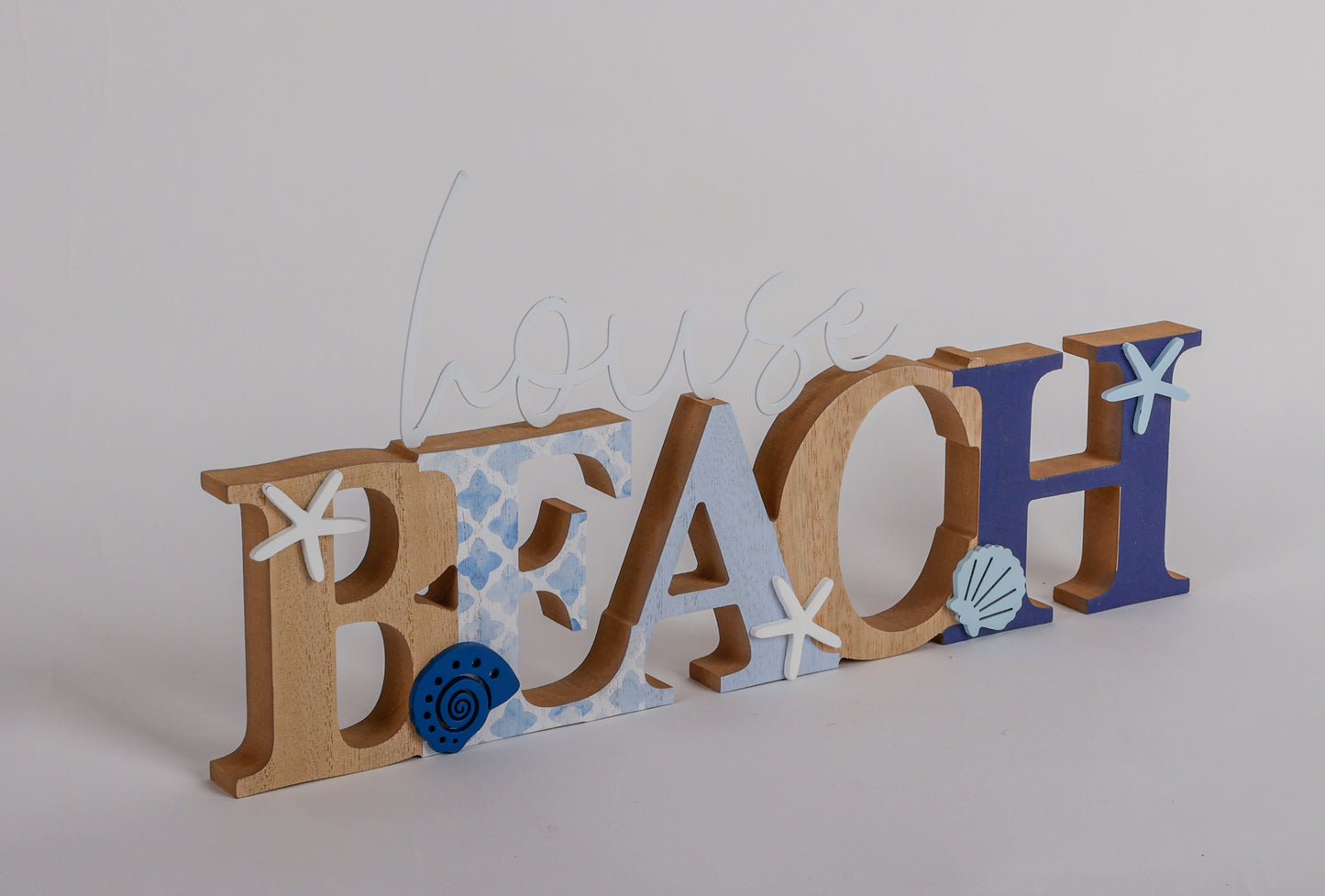 Charming coastal Beach letters shaped house decor with starfish and seashell in a beautiful seaside style, featuring a blue color scheme and intricate wooden design. This elegant home ornament adds a coastal vibe to any space, perfect for living rooms, offices, or as a gift for beach lovers. 2
